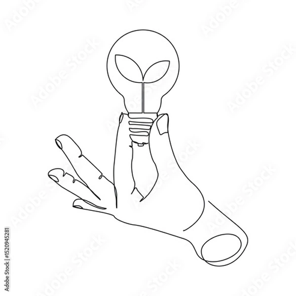 Fototapeta Continuous line drawing of human hand holding light bulb with sprout seed plant growth. Green electric energy sketch art editable stroke vector illustration