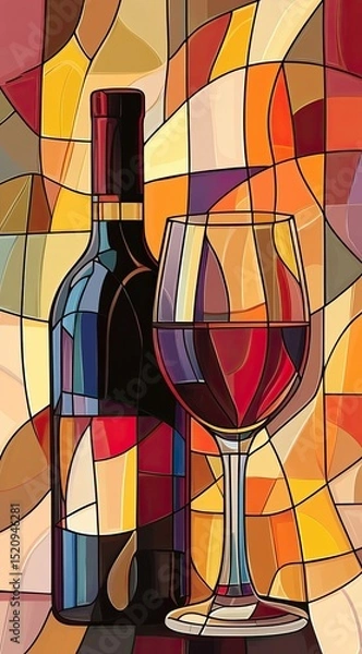 Fototapeta Vector illustration of wine bottle and glass abstract background 