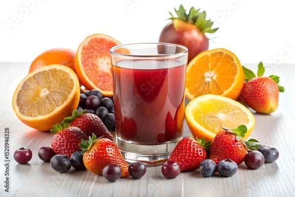 Fototapeta A glass of strawberry juice and various fruits