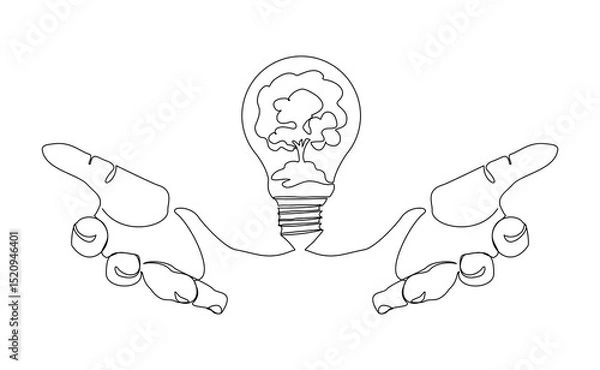 Fototapeta Continuous line drawing of human hand holding light bulb with sprout seed plant growth. Green electric energy sketch art editable stroke vector illustration