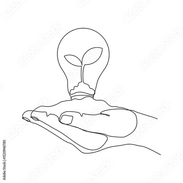 Fototapeta Continuous line drawing of human hand holding light bulb with sprout seed plant growth. Green electric energy sketch art editable stroke vector illustration
