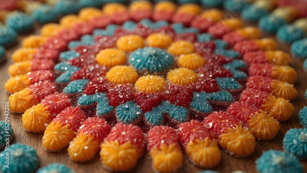 Obraz Vivid candies mandala design. Ultra realistic candy art. Creative edible mandala craft. Colorful candy patterns for art projects.