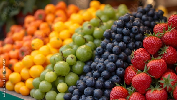 Obraz Rainbow fruit display in market. Ultra realistic fruit arrangement. Vivid colors of fresh fruits. Beautiful fruit palette for photography.