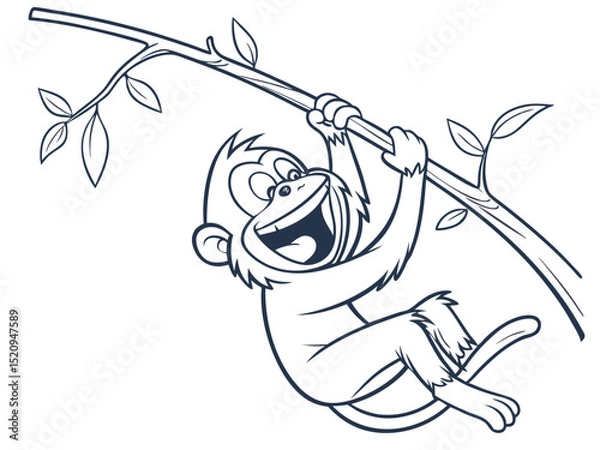 Fototapeta Playful smiling monkey hanging from a branch in outline style