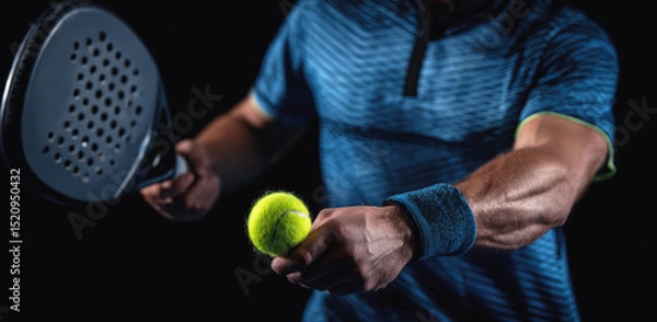 Fototapeta Padel player in action preparing to serve, holding paddle and bright tennis ball, focus on hands and equipment, intense sports moment, dark background.