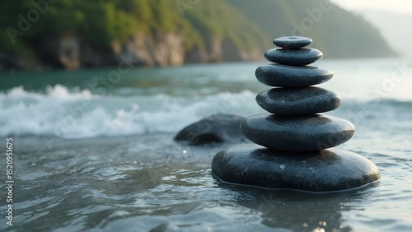 Obraz Zen stone piles. Fluid waves harmony. Meditation inspiration. Nature tranquility.