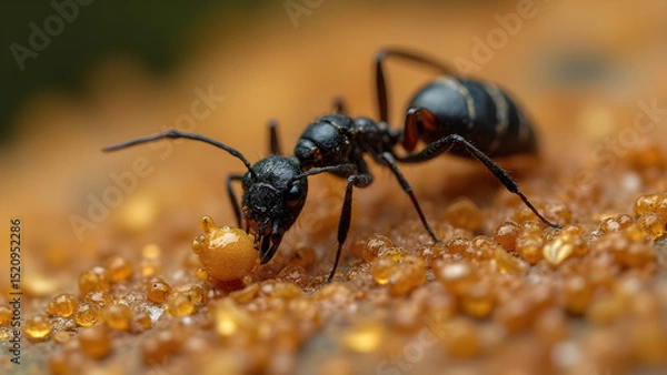 Obraz Ant carrying food back to colony. Ultra realistic ant close up. Nature's small wonders in action. Fascinating ant behavior explained.