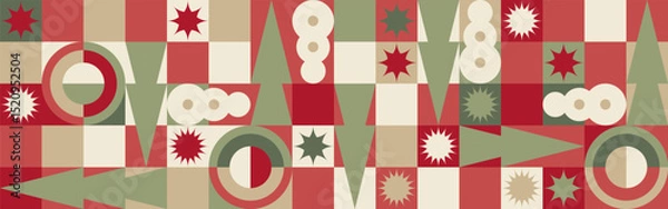 Obraz Geometric seamless pattern with winter blue patterns, Christmas trees in Scandinavian style. New Year's fashionable color pattern for textiles and wallpaper, gift design trend.