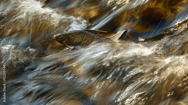 Fototapeta fish swimming upstream in fast flowing river, surrounded by swirling water
