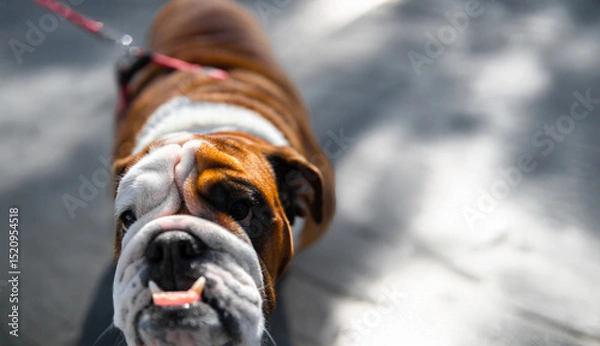 Fototapeta Playful English Bulldog on a leash looking up, with its tongue slightly out, standing on a sunlit path.