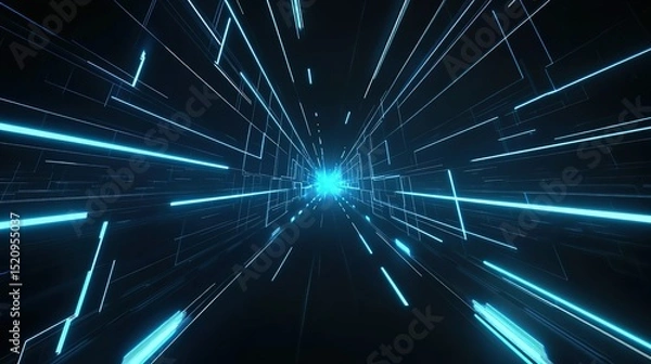 Fototapeta Abstract futuristic blue neon tunnel background with glowing lines and square frames on black space, technology corridor featuring floor reflection for game interfaces, cybersecurity themes or archite