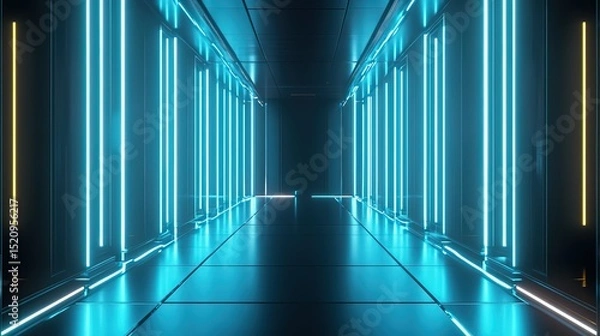 Fototapeta Abstract futuristic blue neon tunnel background with glowing lines and square frames on black space, technology corridor featuring floor reflection for game interfaces, cybersecurity themes or archite