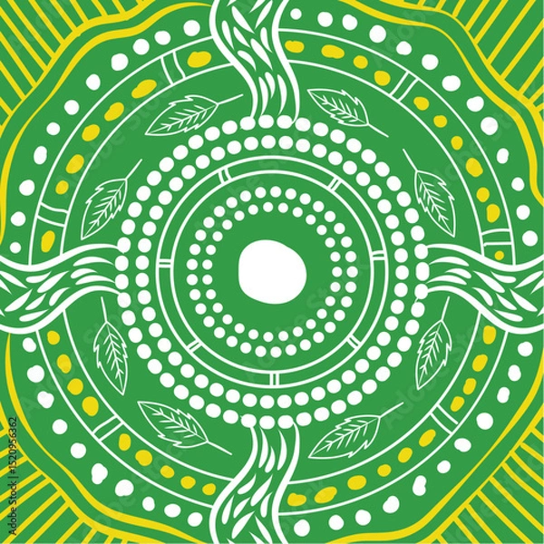 Obraz Aboriginal-style artwork featuring a green circular pattern with leaf motifs and flowing lines symbolizing nature and harmony.