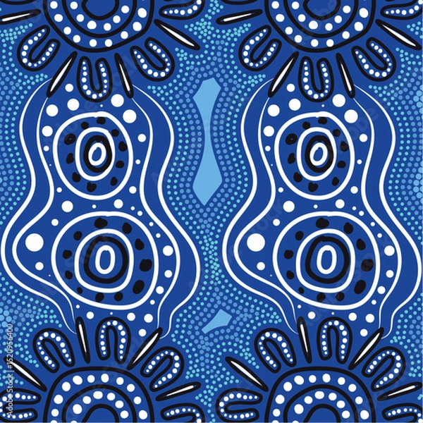 Obraz Aboriginal-style artwork featuring blue and white concentric patterns with dot work and wavy lines, representing water, flow, and community connection.