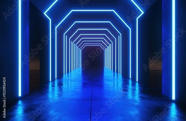 Fototapeta Abstract futuristic blue neon tunnel background with glowing lines and square frames on black space, technology corridor featuring floor reflection for game interfaces, cybersecurity themes or archite