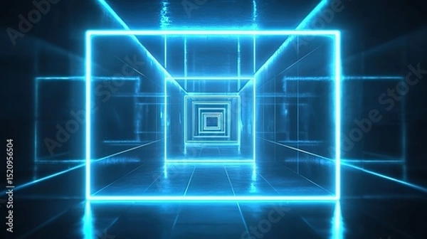 Obraz Abstract futuristic blue neon tunnel background with glowing lines and square frames on black space, technology corridor featuring floor reflection for game interfaces, cybersecurity themes or archite