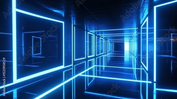 Fototapeta Abstract futuristic blue neon tunnel background with glowing lines and square frames on black space, technology corridor featuring floor reflection for game interfaces, cybersecurity themes or archite