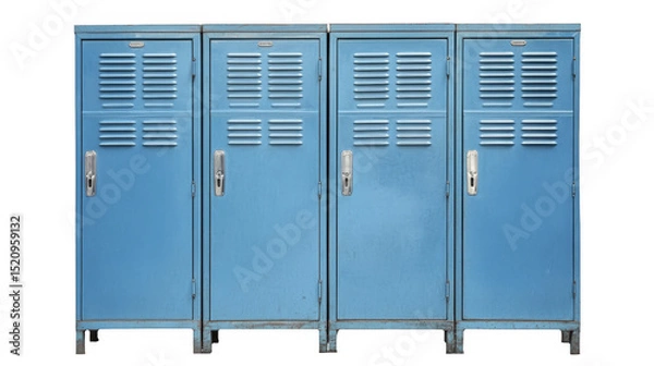 Fototapeta Row of four aged metal lockers in light blue on a transparent background, PNG image, PNG file.