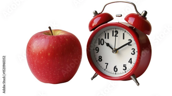 Fototapeta Fresh Red Apple and Alarm Clock Isolated on a Transparent Background, PNG image, PNG file