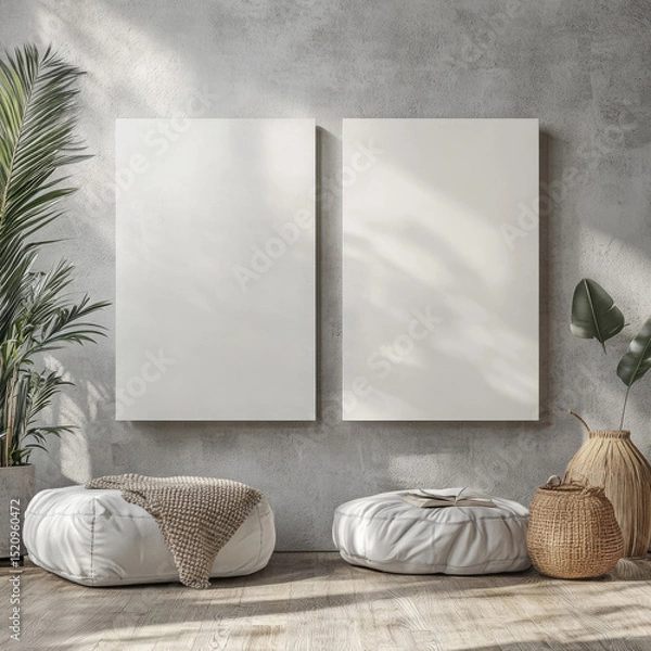 Fototapeta Double blank canvas on wall in modern grey room, perfect for home decor mockup with minimalist and neutral interior style.
