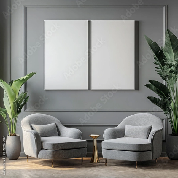 Fototapeta Double blank canvas on wall in modern grey room, perfect for home decor mockup with minimalist and neutral interior style.
