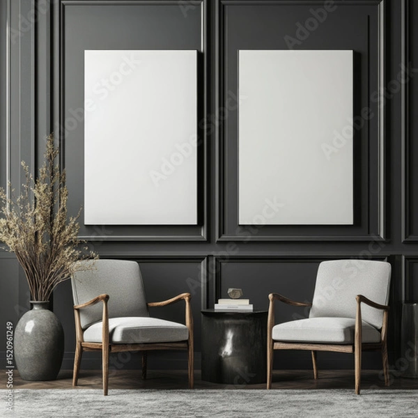 Fototapeta Double blank canvas on wall in modern grey room, perfect for home decor mockup with minimalist and neutral interior style.
