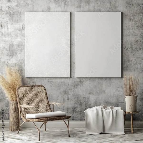 Fototapeta Double blank canvas on wall in modern grey room, perfect for home decor mockup with minimalist and neutral interior style.
