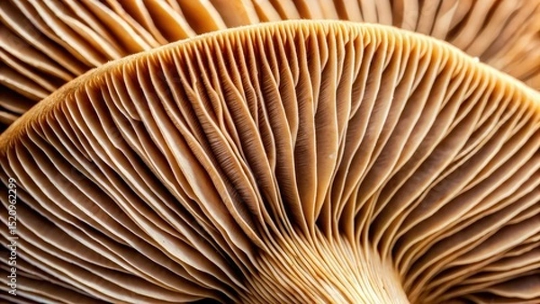 Fototapeta Closeup of portabella mushroom gills showing delicate fungal structure and earthy tones, nature, fungi,  nature