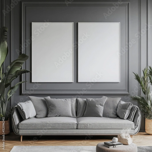Obraz Double blank canvas on wall in modern grey room, perfect for home decor mockup with minimalist and neutral interior style.
