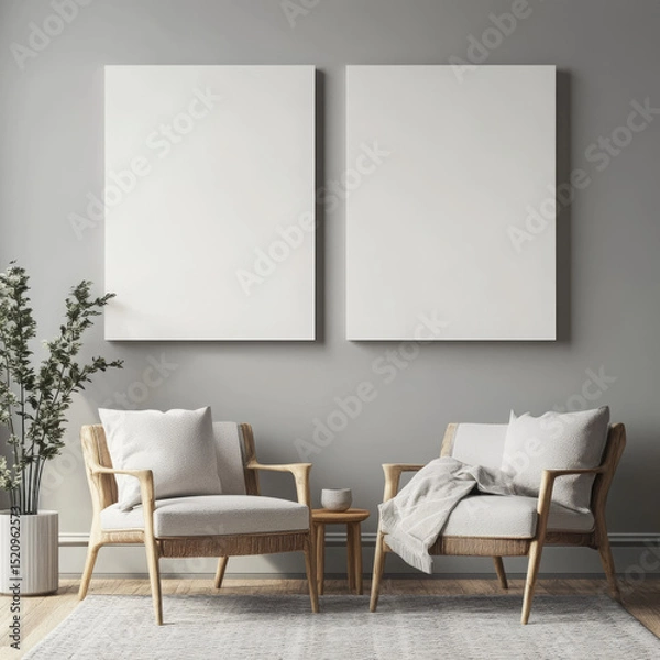 Fototapeta Double blank canvas on wall in modern grey room, perfect for home decor mockup with minimalist and neutral interior style.
