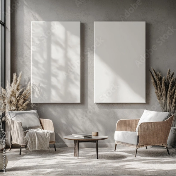 Fototapeta Double blank canvas on wall in modern grey room, perfect for home decor mockup with minimalist and neutral interior style.
