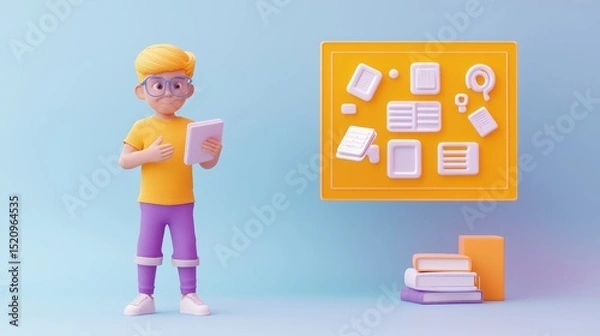 Obraz Young Boy Holding Tablet with Learning Icons in Bright Colors