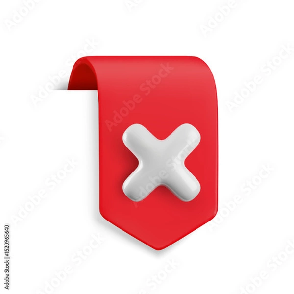 Fototapeta Vector Realistic 3d red ribbon with cross x sign. Vintage design element, decorative bookmark sticker with white no tick. Cartoon 3d cancel, delete button ribbon tag for web, ui, game, app