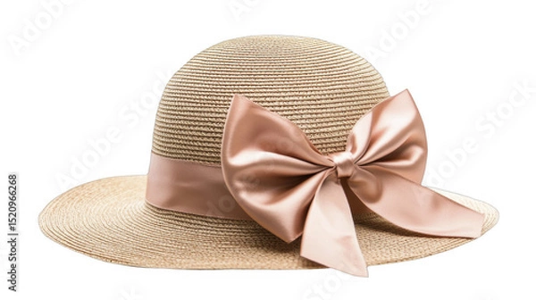 Obraz Summer straw hat with silk ribbon and bow on a transparent background, PNG image, PNG file.
