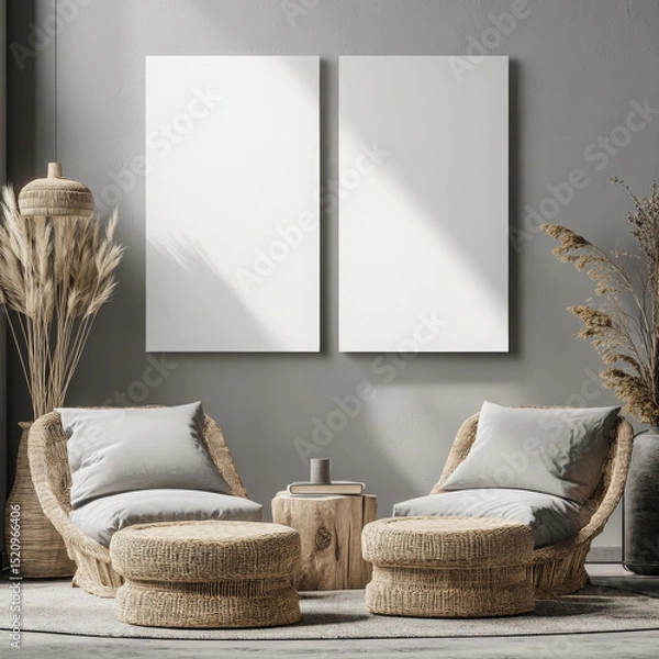 Fototapeta Double blank canvas on wall in modern grey room, perfect for home decor mockup with minimalist and neutral interior style.
