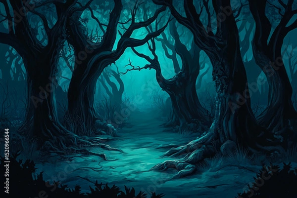 Obraz Path in a dark forest at night, scary illustration