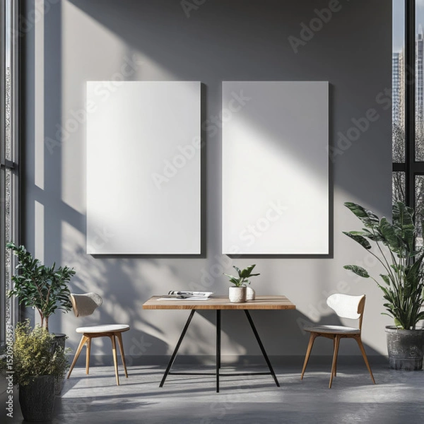 Fototapeta Double blank canvas on wall in modern grey room, perfect for home decor mockup with minimalist and neutral interior style.
