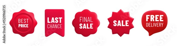 Fototapeta Vector cartoon 3d Sale badge set. Red label starburst, medal with text. Realistic 3d render online shop sticker collection. Cute design element for web, sale banner design, tag, advert, mobile app.