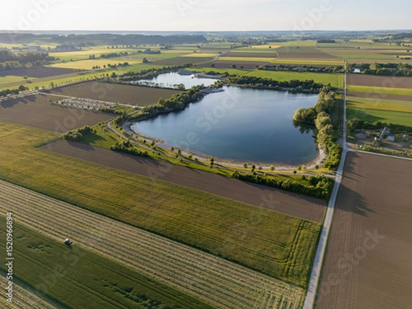 Fototapeta Landscape drone view of rural Bavaria with fields and a beautiful blue lake at sunset