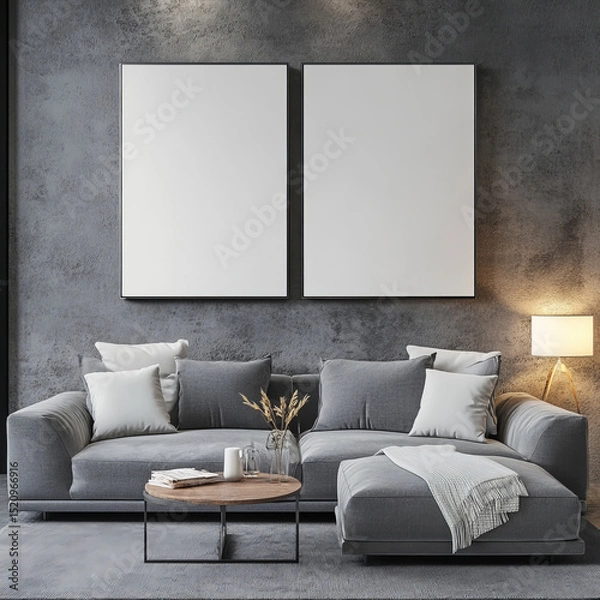 Fototapeta Double blank canvas on wall in modern grey room, perfect for home decor mockup with minimalist and neutral interior style.
