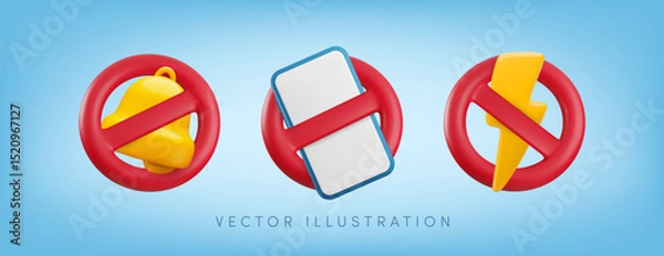 Fototapeta Vector cartoon 3d no phone ringing or charging allowed icon set. 3d render of smartphone, bell, lightning in red circle prohibition sign. Electronic device forbidden, turn off mobile phone restriction