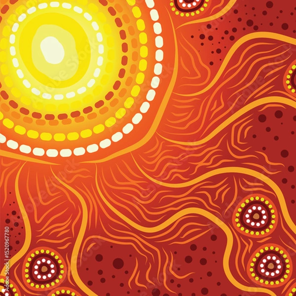 Obraz Aboriginal-style artwork depicting the sun radiating energy, with flowing lines representing connection to land and nature.