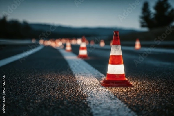 Fototapeta Traffic control event on roadway construction zone photo evening setting ground level safety awareness