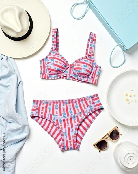 Obraz Striped swimsuit with summer accessories on a white background
