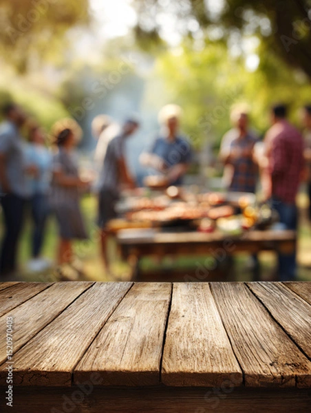Fototapeta Wooden table surface with blurred outdoor barbecue party background and people gathering. Empty deck space for product display against social dining setting
