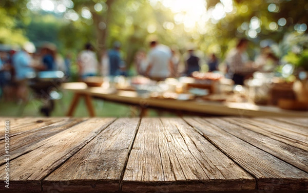 Fototapeta Wooden table surface with blurred outdoor barbecue party background and people gathering. Empty deck space for product display against social dining setting