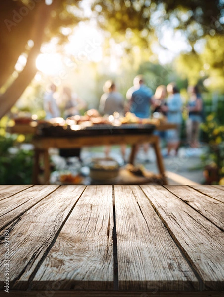 Fototapeta Wooden table surface with blurred outdoor barbecue party background and people gathering. Empty deck space for product display against social dining setting