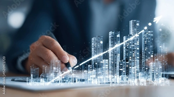 Obraz Real Estate Market Growth: Business Professional Using Digital Technology and Data Analysis for Property Investment and Percentage Increase in a Modern Workspace. High quality