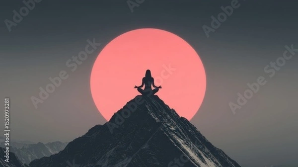 Obraz A woman meditating on top of a mountain with a pink sun in the background