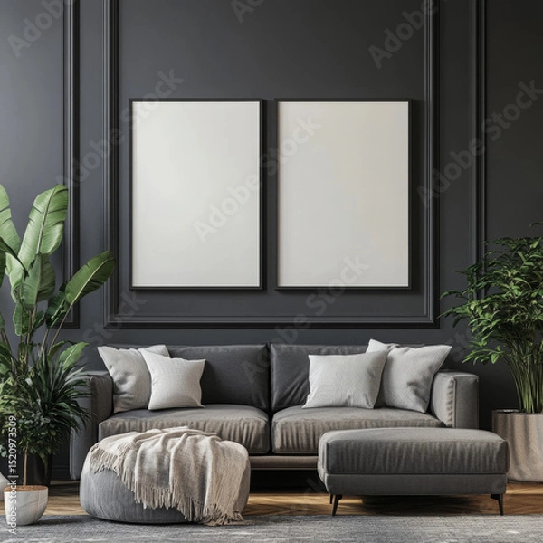 Fototapeta Double blank canvas on wall in modern grey room, perfect for home decor mockup with minimalist and neutral interior style.
